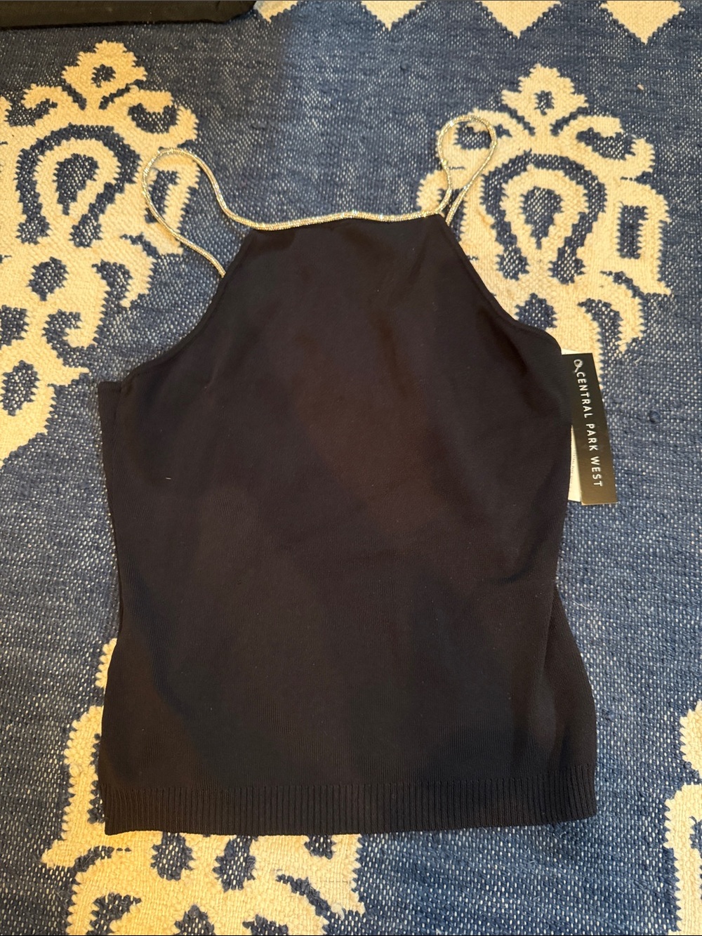 Central Park West Black Halter Tank with Metallic Trim